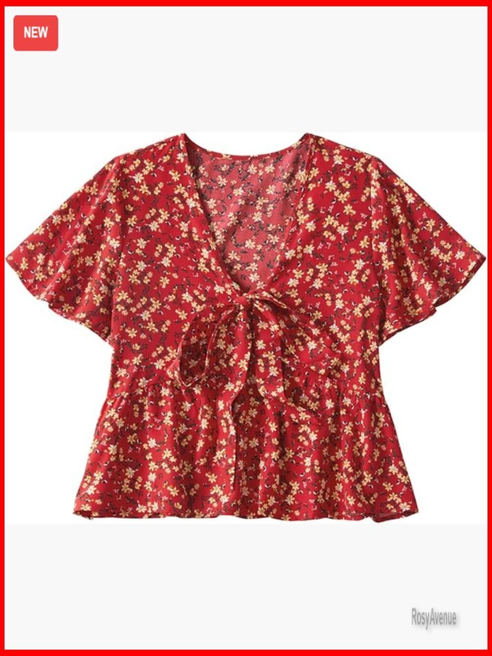 V Neck Tie Front Blouse Ruffled Hem Short Sleeve Peplum Top Floral Print